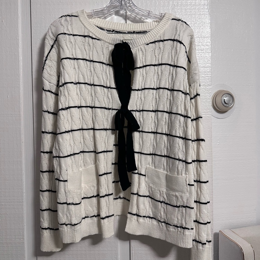 Striped Cream and Black Sweater with Bows